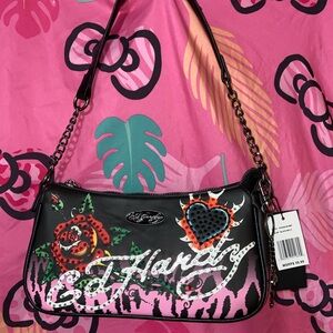 Ed Hardy Black & Pink Studded Heart Floral Shoulder Bag